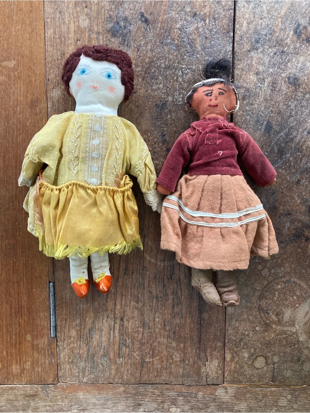 Vintage Yellow and Maroon Handmade Cloth Dolls